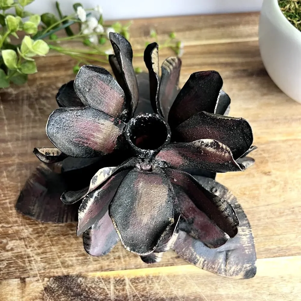 Rustic Metal Blooming Flower Pinecone Candle Holder Sculpture Handmade Weathered